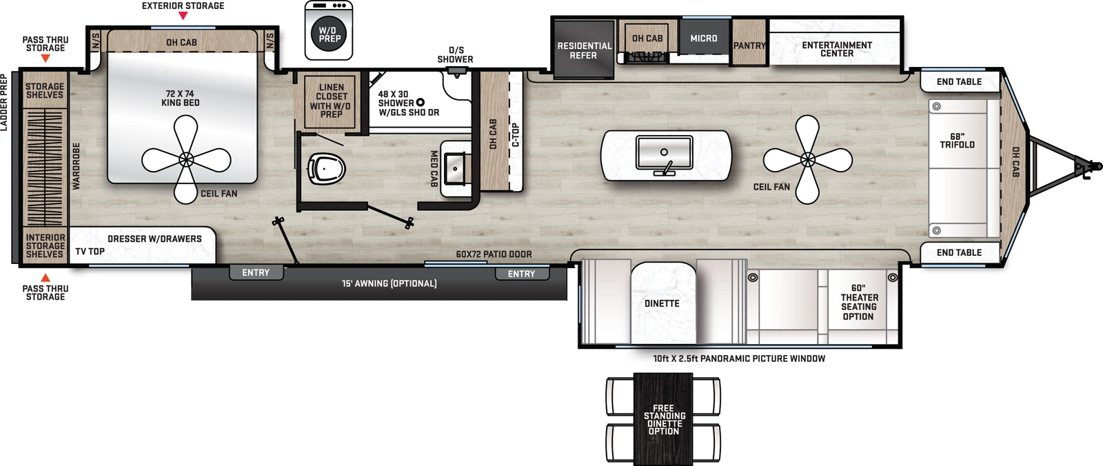 The Aurora 39FLTS floorplan has two entries and three slide outs. Exterior features include: metal exterior and 15' (opt) awning. Interiors features include: kitchen island, free-standing dinette option, rear bedroom and front living.